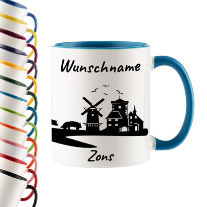 Tasse in Hellblau 330ml bedruckt mit der Skyline von Zons (Dormagen) personalisierbar mit Wunschname