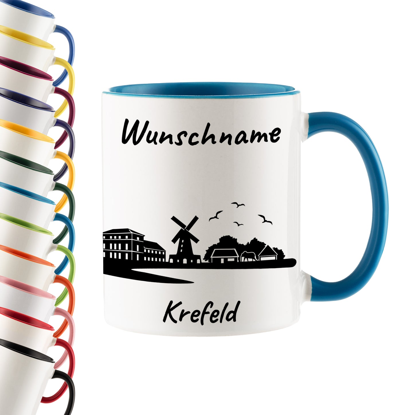 Tasse in Hellblau 330ml bedruckt mit der Skyline von Krefeld personalisierbar mit Wunschname