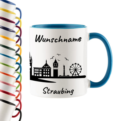 Tasse in Hellblau 330ml bedruckt mit der Skyline von Straubing personalisierbar mit Wunschname
