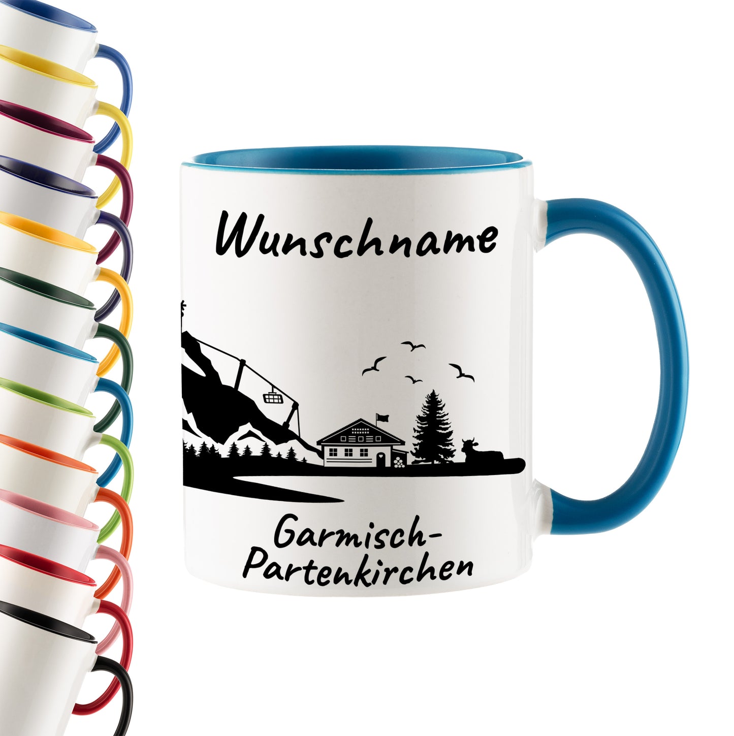 Tasse in Hellblau 330ml bedruckt mit der Skyline von Garmisch-Partenkirchen personalisierbar mit Wunschname