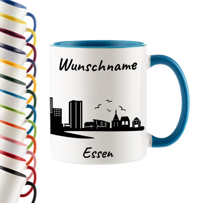 Tasse in Hellblau 330ml bedruckt mit der Skyline von Essen personalisierbar mit Wunschname