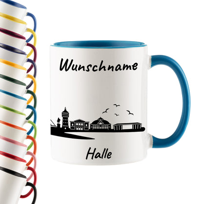Tasse in Hellblau 330ml bedruckt mit der Skyline von Halle personalisierbar mit Wunschname