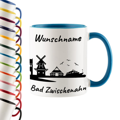 Tasse in Hellblau 330ml bedruckt mit der Skyline von Bad Zwischenahn personalisierbar mit Wunschname