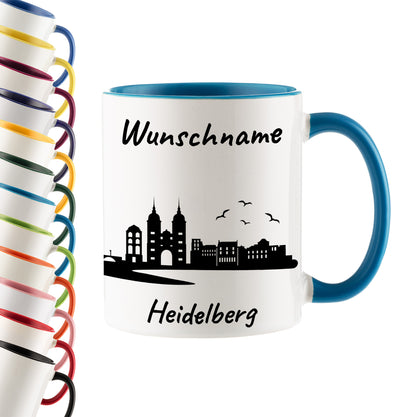 Tasse in Hellblau 330ml bedruckt mit der Skyline von Heidelberg personalisierbar mit Wunschname