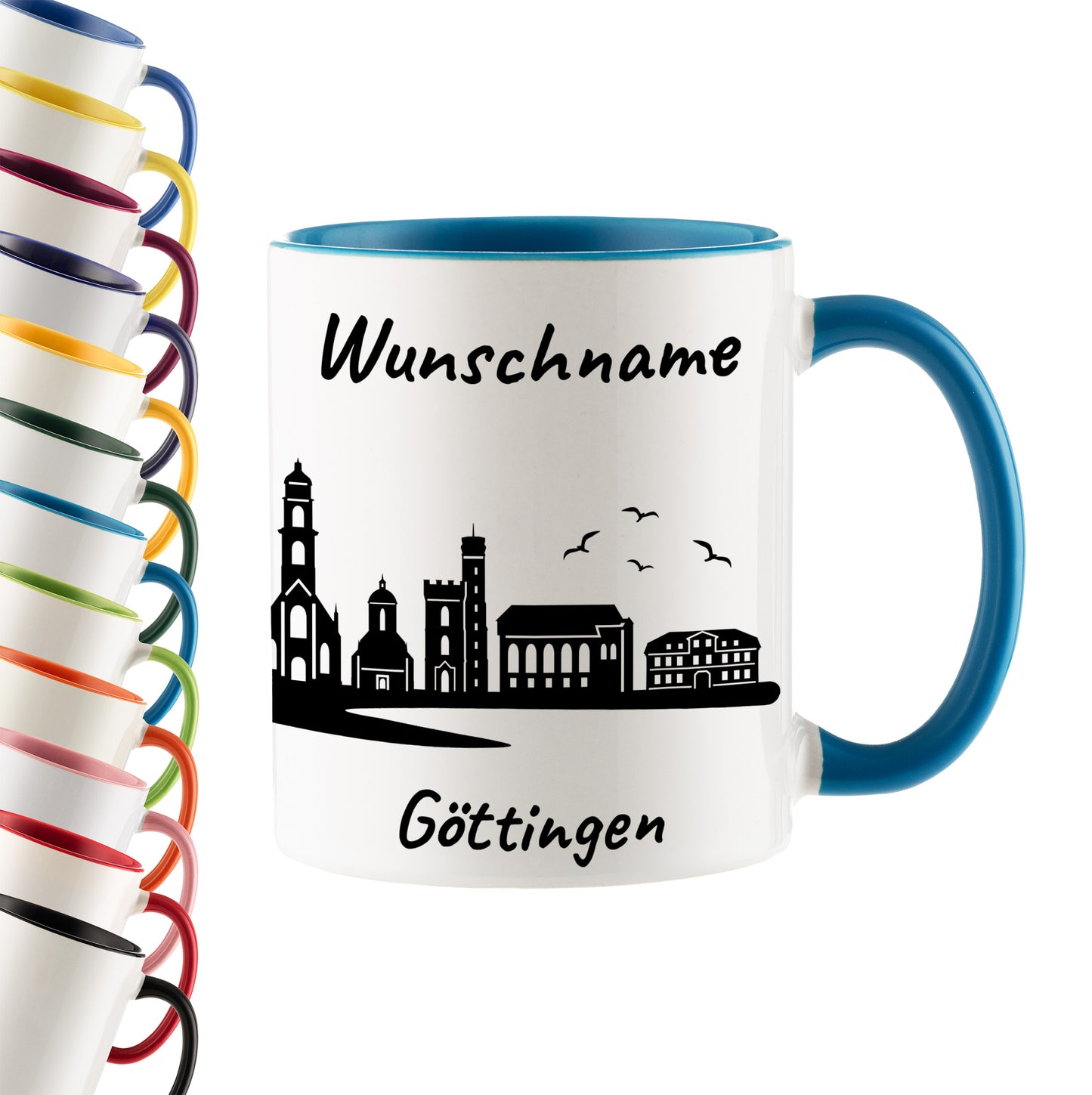 Tasse in Hellblau 330ml bedruckt mit der Skyline von Göttingen personalisierbar mit Wunschname