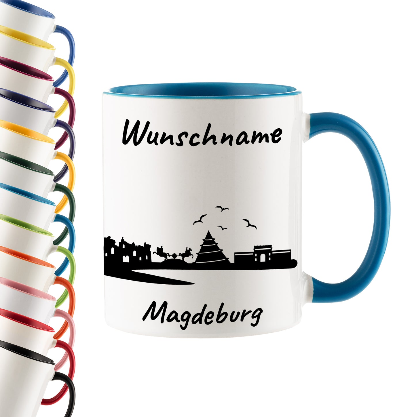 Tasse in Hellblau 330ml bedruckt mit der Skyline von Magdeburg personalisierbar mit Wunschname