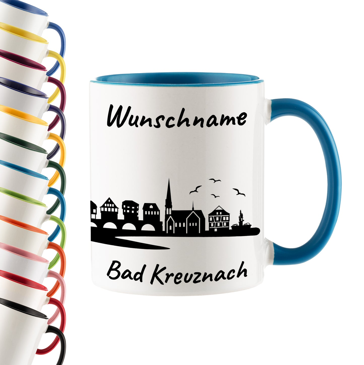 Tasse in Hellblau 330ml bedruckt mit der Skyline von Bad Kreuznach personalisierbar mit Wunschname
