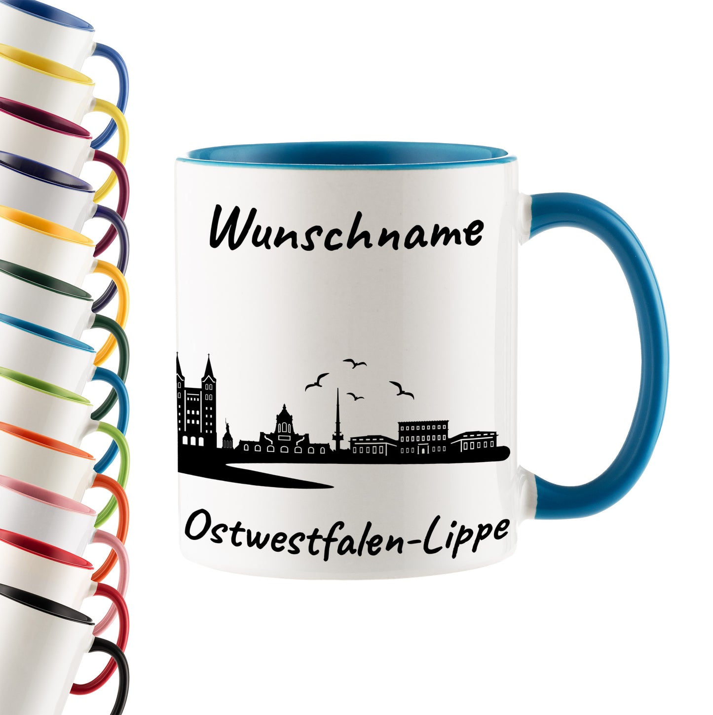 Tasse in Hellblau 330ml bedruckt mit der Skyline von Ostwestfalen-Lippe personalisierbar mit Wunschname