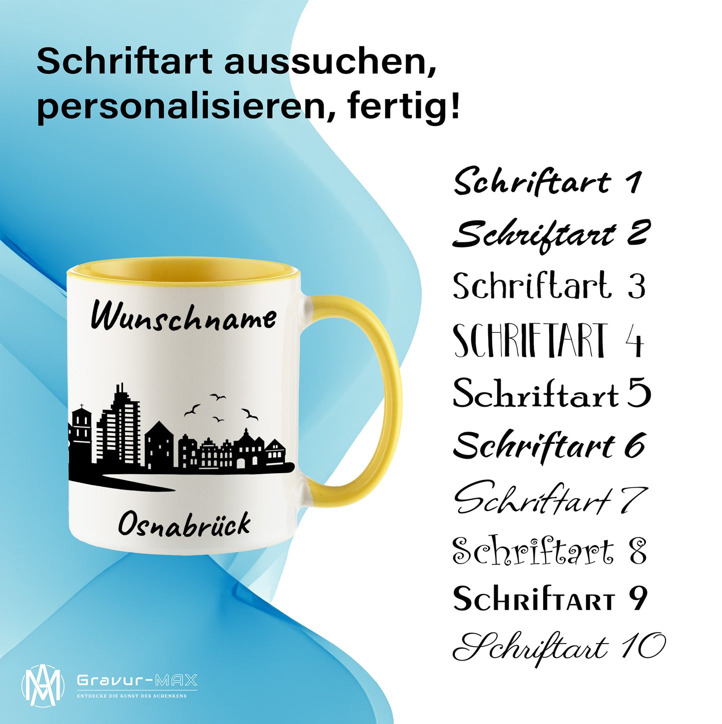 Tasse in Hellgelb 330ml bedruckt mit der Skyline von Osnabrück personalisierbar mit Wunschname