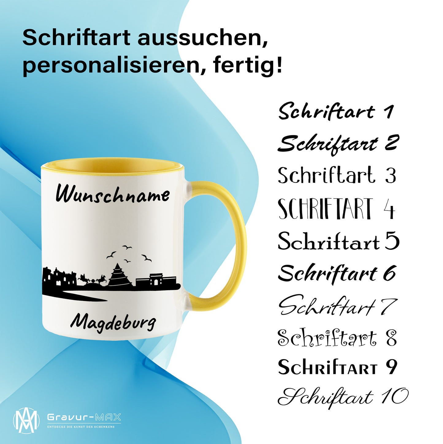Tasse in Hellgelb 330ml bedruckt mit der Skyline von Magdeburg personalisierbar mit Wunschname