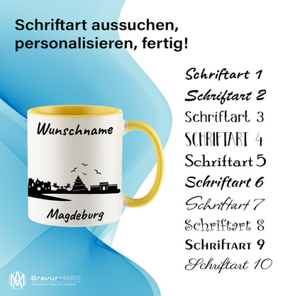 Tasse in Hellgelb 330ml bedruckt mit der Skyline von Magdeburg personalisierbar mit Wunschname