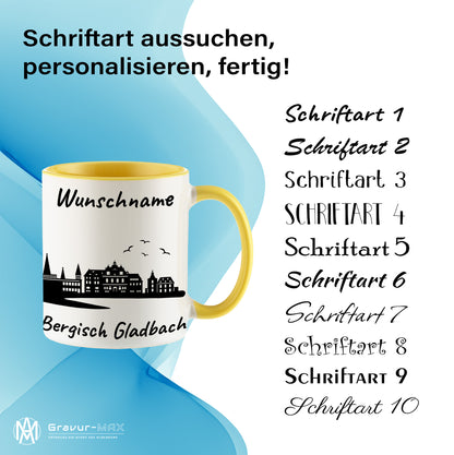 Tasse in Hellgelb 330ml bedruckt mit der Skyline von Bergisch Gladbach personalisierbar mit Wunschname