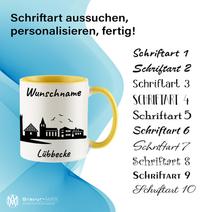 Tasse in Hellgelb 330ml bedruckt mit der Skyline von Lübbecke personalisierbar mit Wunschname