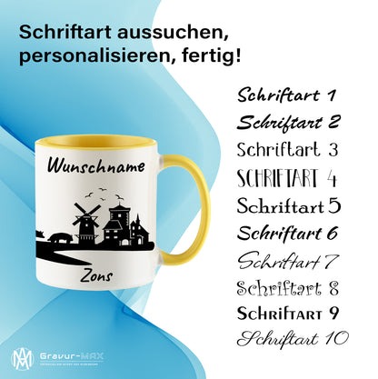 Tasse in Hellgelb 330ml bedruckt mit der Skyline von Zons (Dormagen) personalisierbar mit Wunschname