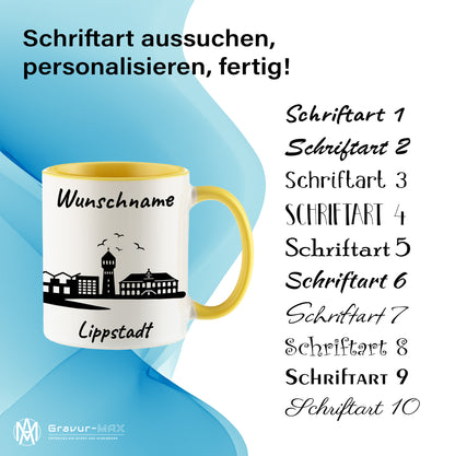 Tasse in Hellgelb 330ml bedruckt mit der Skyline von Lippstadt personalisierbar mit Wunschname