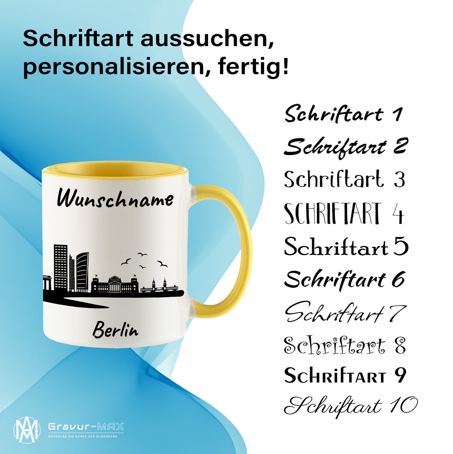 Tasse in Hellgelb 330ml bedruckt mit der Skyline von Berlin personalisierbar mit Wunschname
