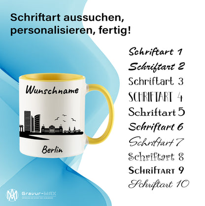 Tasse in Hellgelb 330ml bedruckt mit der Skyline von Berlin personalisierbar mit Wunschname