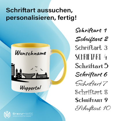 Tasse in Hellgelb 330ml bedruckt mit der Skyline von Wuppertal personalisierbar mit Wunschname