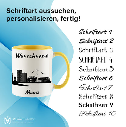 Tasse in Hellgelb 330ml bedruckt mit der Skyline von Mainz personalisierbar mit Wunschname