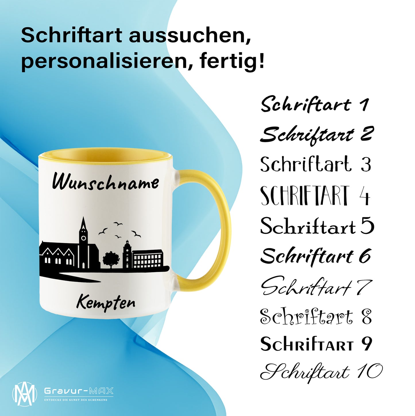 Tasse in Hellgelb 330ml bedruckt mit der Skyline von Kempten personalisierbar mit Wunschname