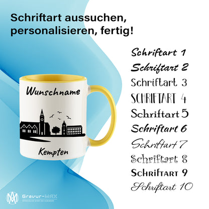Tasse in Hellgelb 330ml bedruckt mit der Skyline von Kempten personalisierbar mit Wunschname