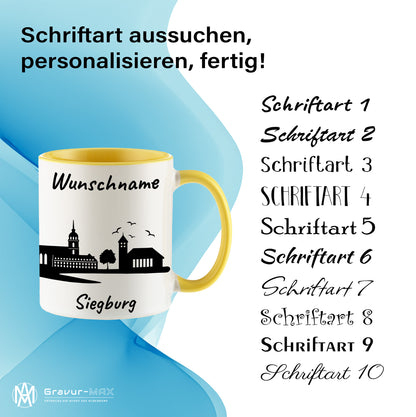 Tasse in Hellgelb 330ml bedruckt mit der Skyline von Siegburg personalisierbar mit Wunschname