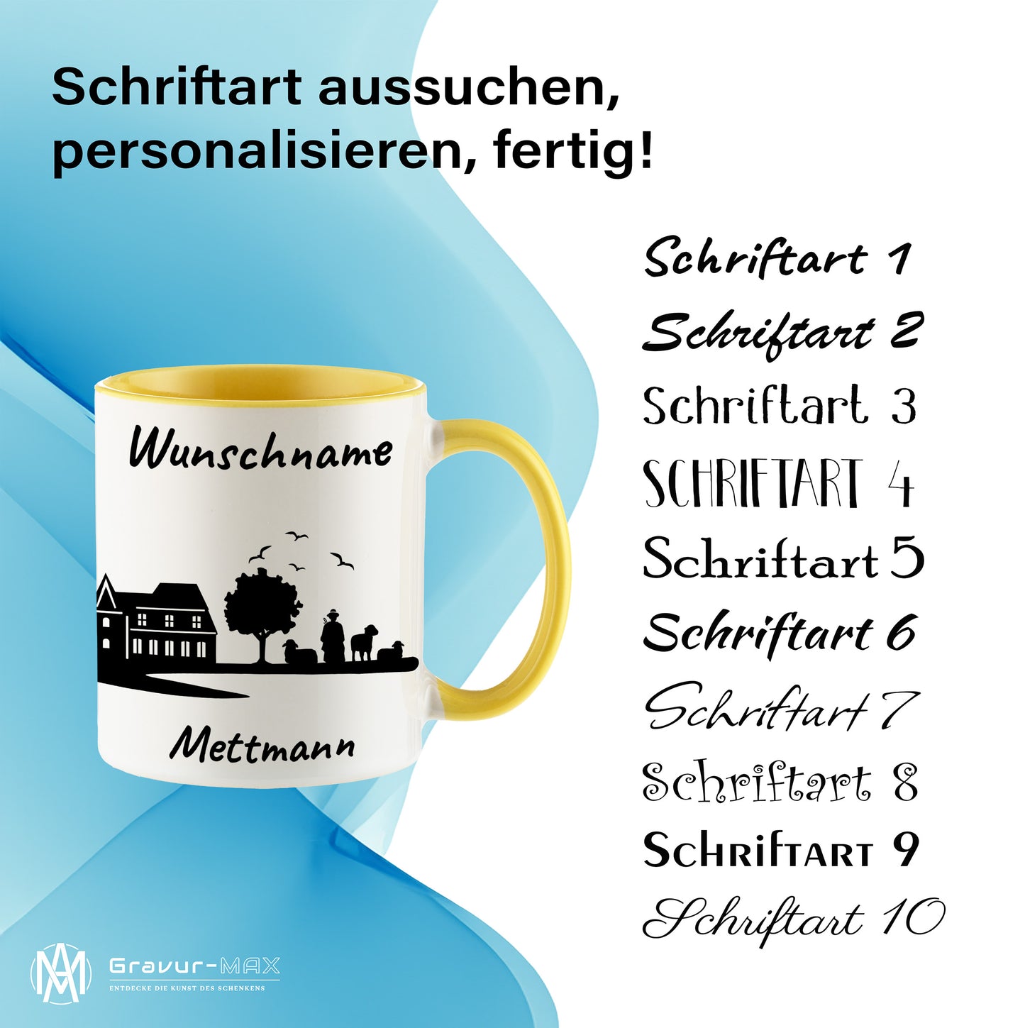 Tasse in Hellgelb 330ml bedruckt mit der Skyline von Mettmann personalisierbar mit Wunschname