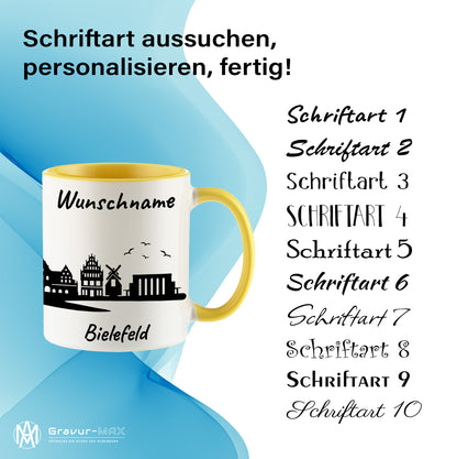 Tasse in Hellgelb 330ml bedruckt mit der Skyline von Bielefeld personalisierbar mit Wunschname