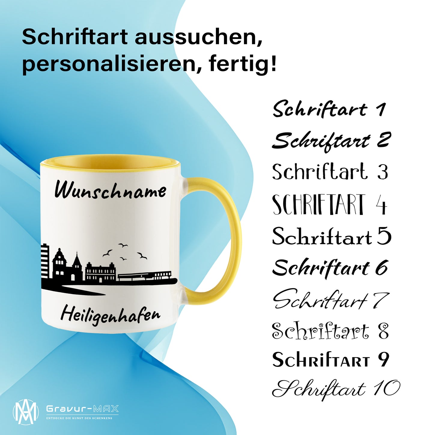 Tasse in Hellgelb 330ml bedruckt mit der Skyline von Heiligenhafen personalisierbar mit Wunschname