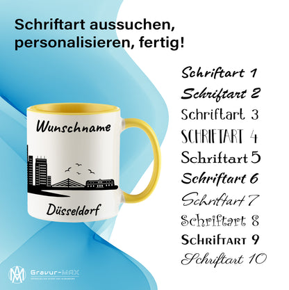 Tasse in Hellgelb 330ml bedruckt mit der Skyline von Düsseldorf personalisierbar mit Wunschname