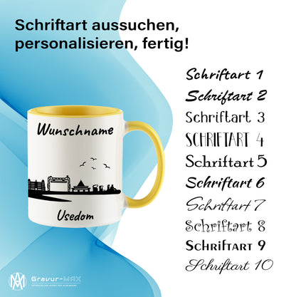 Tasse in Hellgelb 330ml bedruckt mit der Skyline von Usedom personalisierbar mit Wunschname