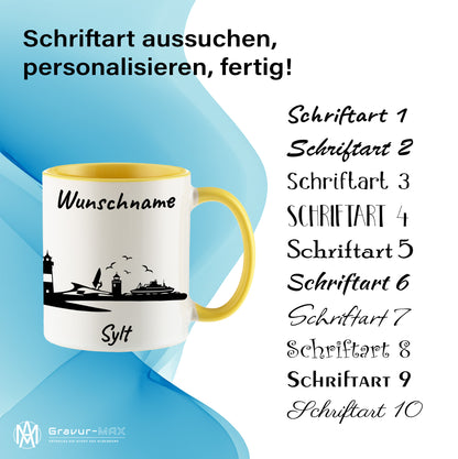 Tasse in Hellgelb 330ml bedruckt mit der Skyline von Sylt personalisierbar mit Wunschname