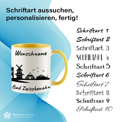 Tasse in Hellgelb 330ml bedruckt mit der Skyline von Bad Zwischenahn personalisierbar mit Wunschname
