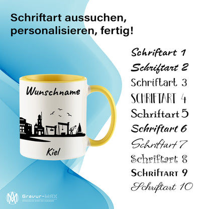 Tasse in Hellgelb 330ml bedruckt mit der Skyline von Kiel personalisierbar mit Wunschname