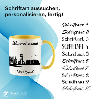 Tasse in Hellgelb 330ml bedruckt mit der Skyline von Stralsund personalisierbar mit Wunschname
