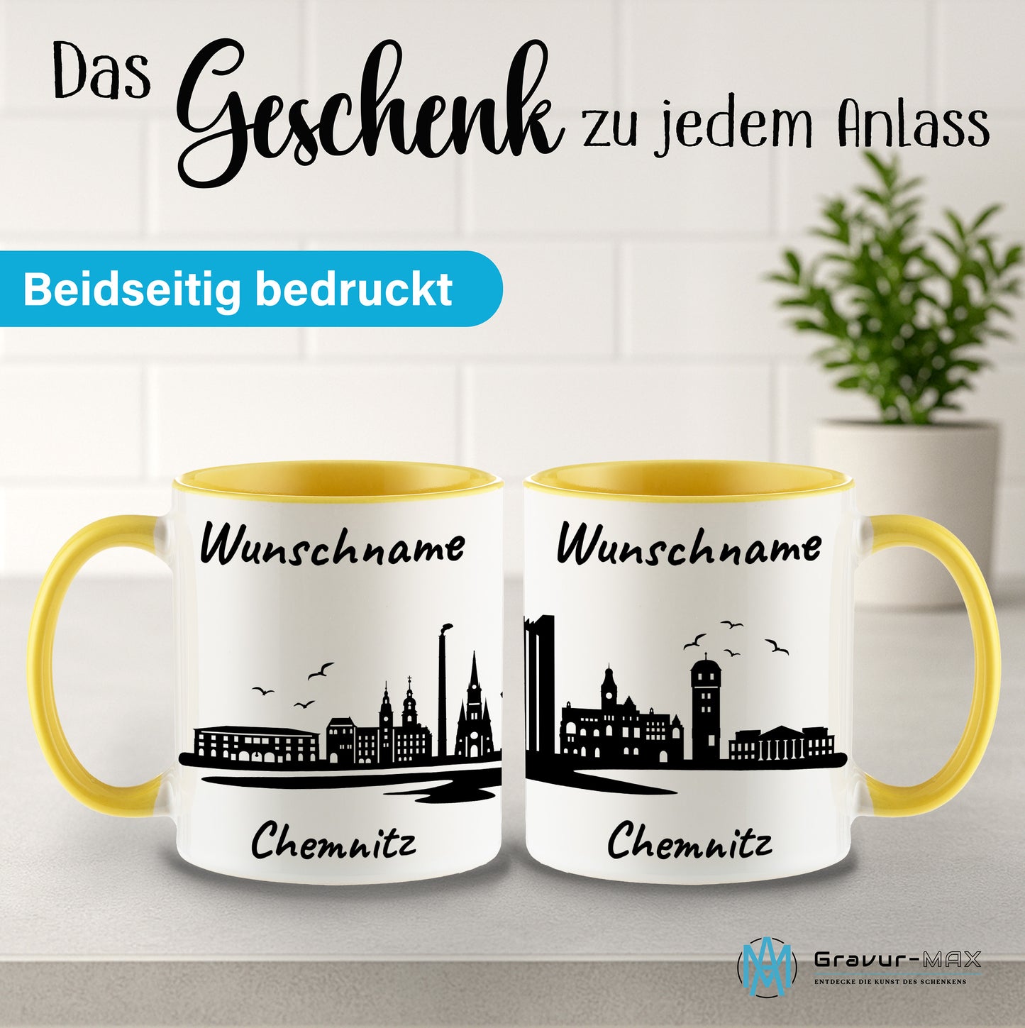 Tasse in Hellgelb 330ml bedruckt mit der Skyline von Chemnitz personalisierbar mit Wunschname