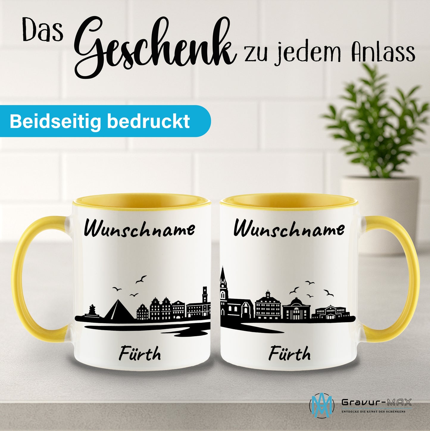 Tasse in Hellgelb 330ml bedruckt mit der Skyline von Fürth personalisierbar mit Wunschname