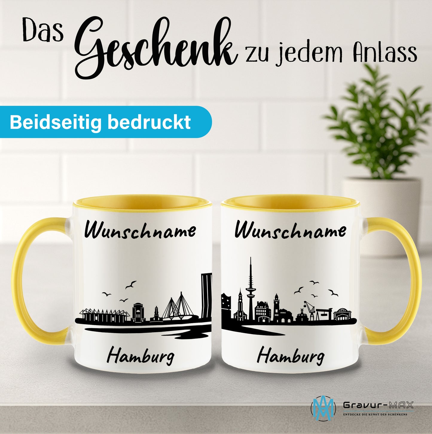Tasse in Hellgelb 330ml bedruckt mit der Skyline von Hamburg personalisierbar mit Wunschname