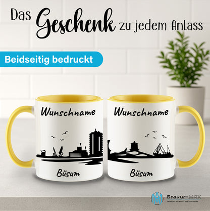 Tasse in Hellgelb 330ml bedruckt mit der Skyline von Büsum personalisierbar mit Wunschname