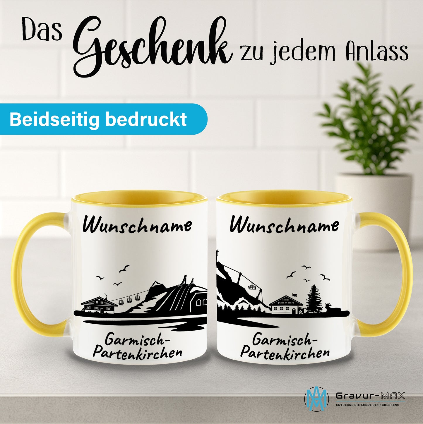 Tasse in Hellgelb 330ml bedruckt mit der Skyline von Garmisch-Partenkirchen personalisierbar mit Wunschname