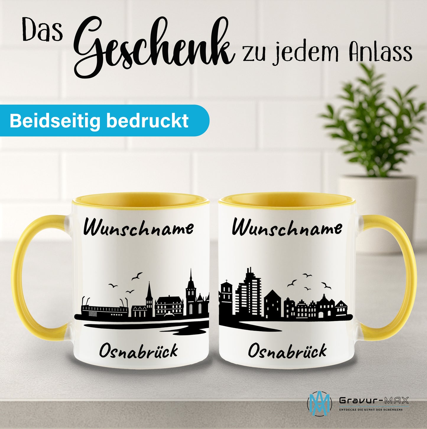 Tasse in Hellgelb 330ml bedruckt mit der Skyline von Osnabrück personalisierbar mit Wunschname