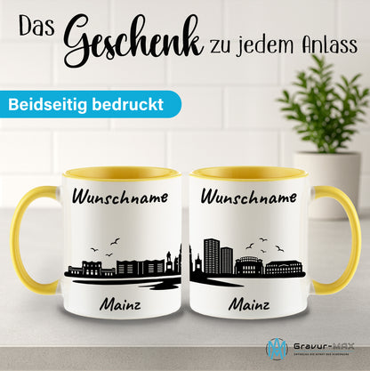 Tasse in Hellgelb 330ml bedruckt mit der Skyline von Mainz personalisierbar mit Wunschname