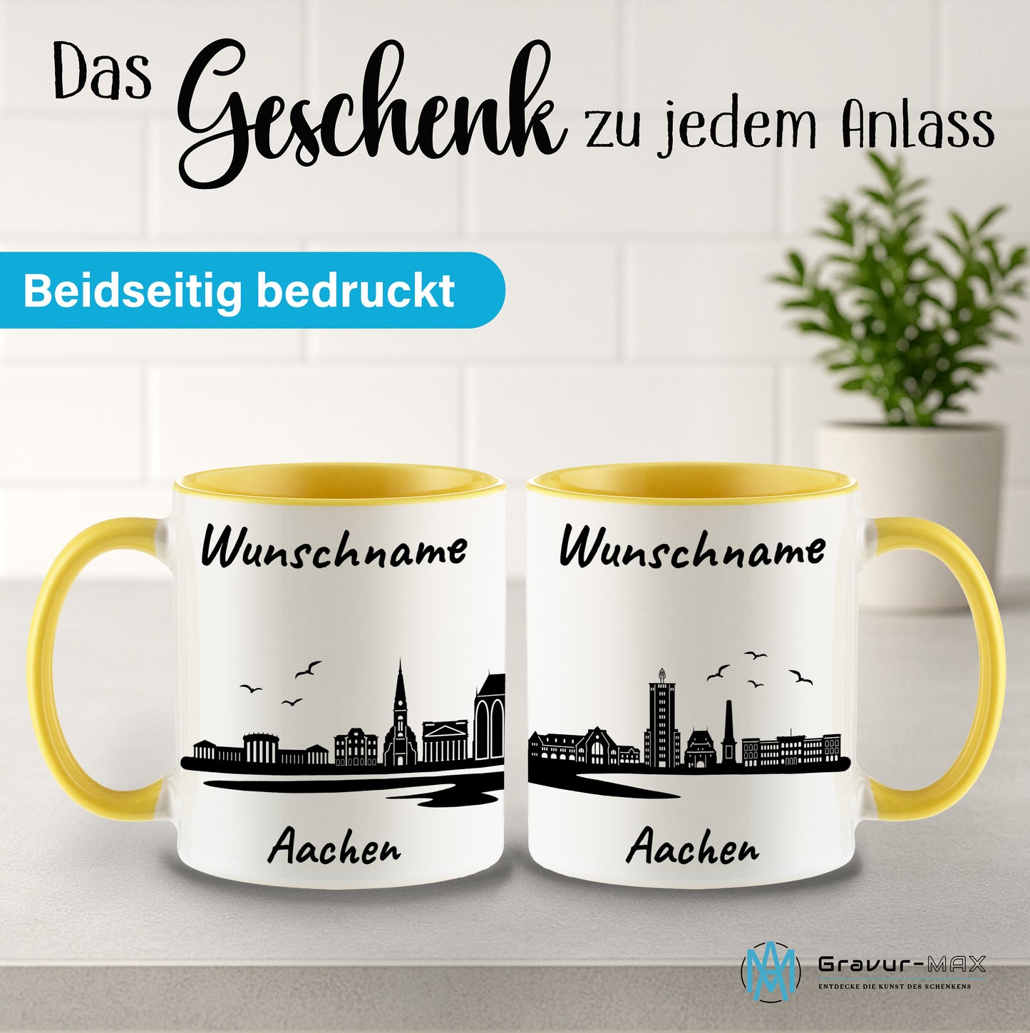 Tasse in Hellgelb 330ml bedruckt mit der Skyline von Aachen personalisierbar mit Wunschname
