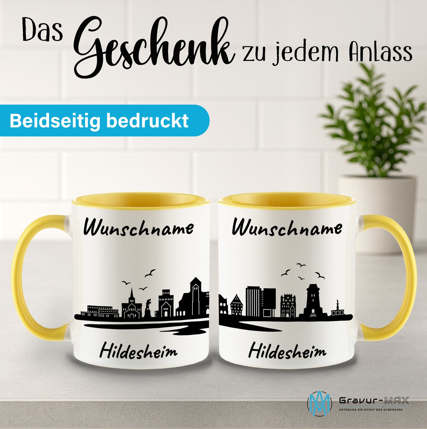 Tasse in Hellgelb 330ml bedruckt mit der Skyline von Hildesheim personalisierbar mit Wunschname