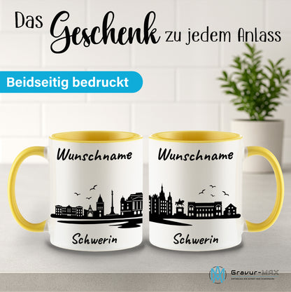 Tasse in Hellgelb 330ml bedruckt mit der Skyline von Schwerin personalisierbar mit Wunschname