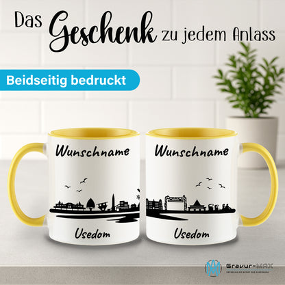 Tasse in Hellgelb 330ml bedruckt mit der Skyline von Usedom personalisierbar mit Wunschname