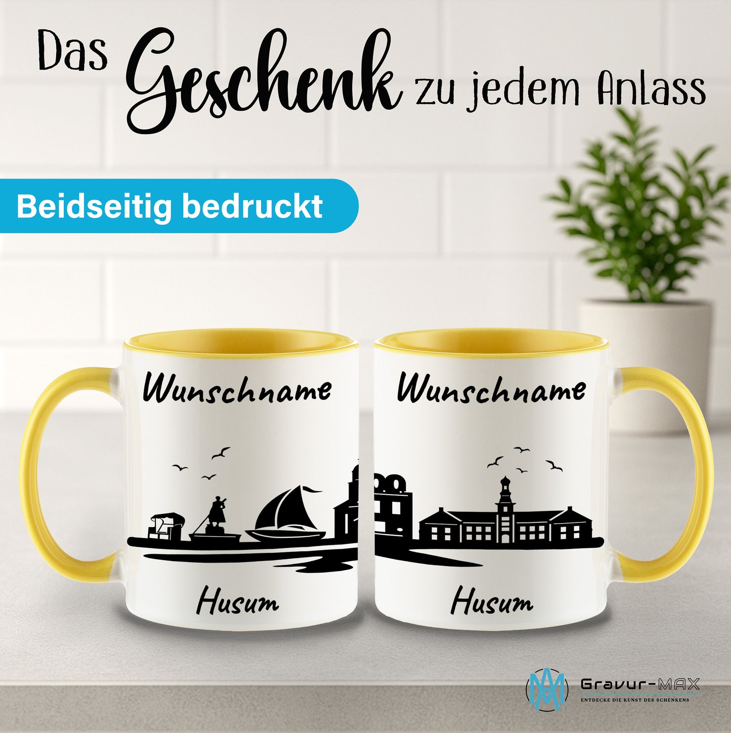 Tasse in Hellgelb 330ml bedruckt mit der Skyline von Husum personalisierbar mit Wunschname
