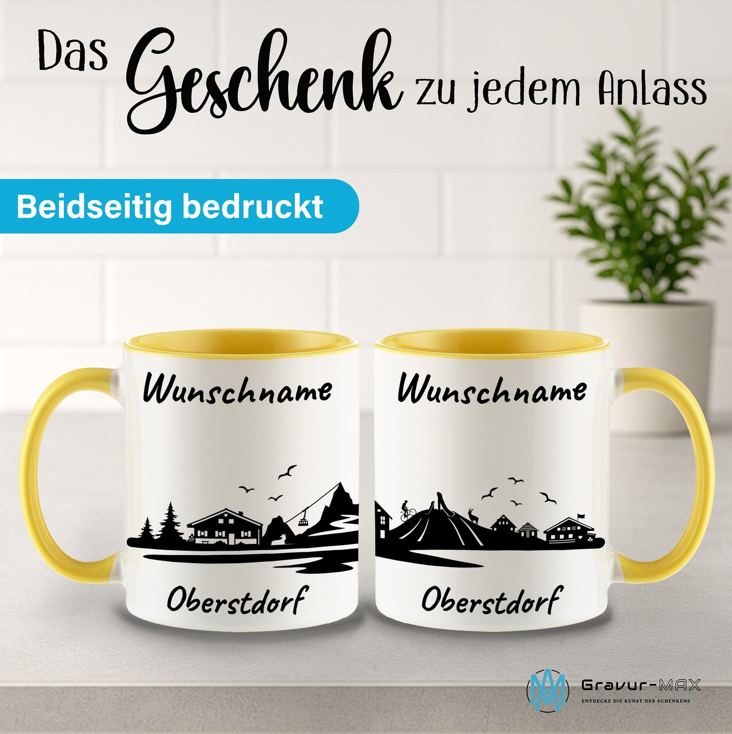 Tasse in Hellgelb 330ml bedruckt mit der Skyline von Oberstdorf personalisierbar mit Wunschname