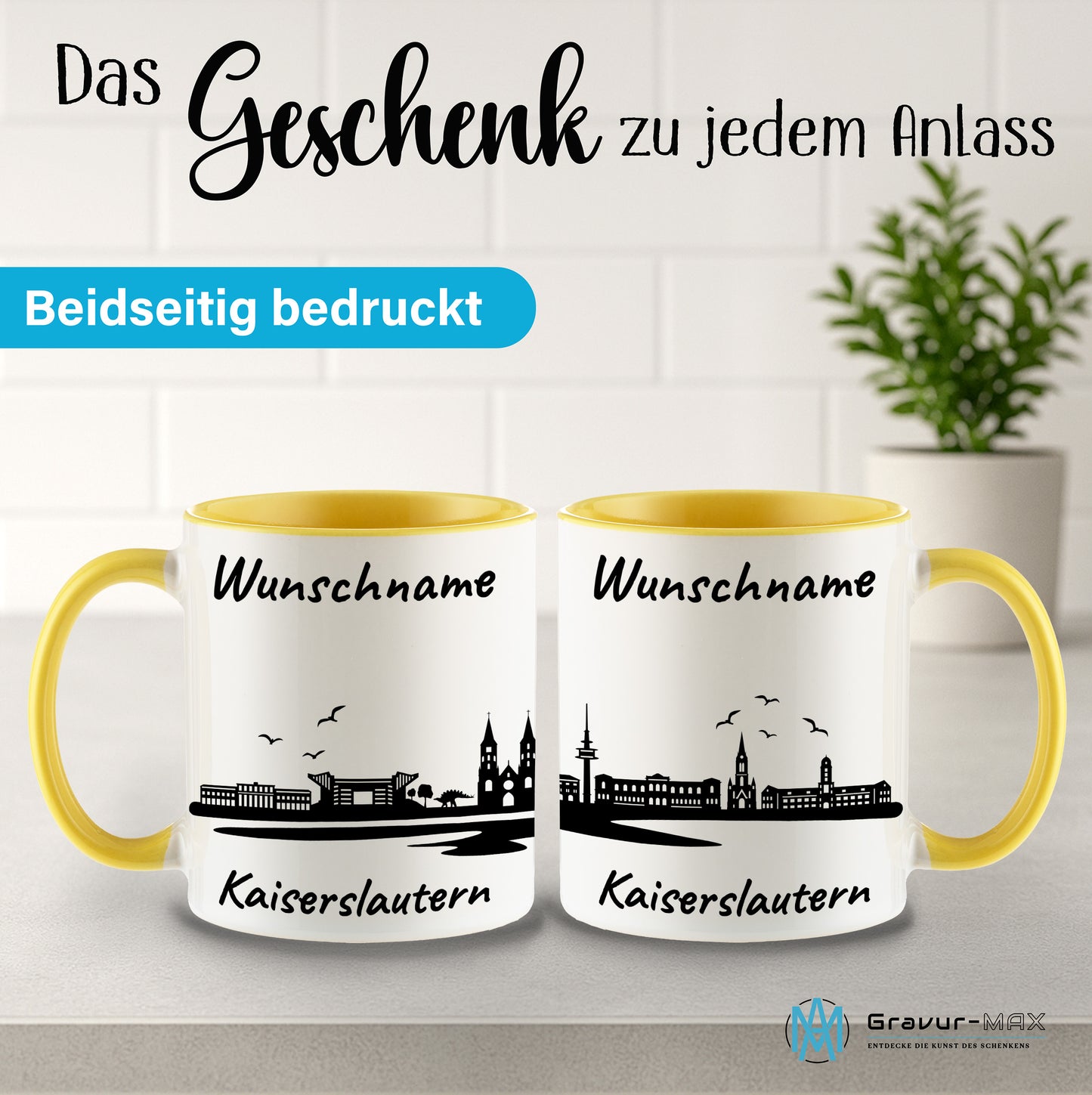 Tasse in Hellgelb 330ml bedruckt mit der Skyline von Kaiserslautern personalisierbar mit Wunschname
