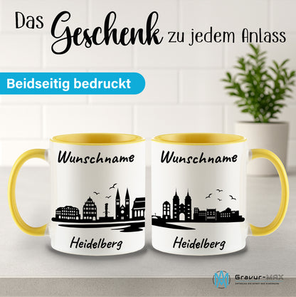 Tasse in Hellgelb 330ml bedruckt mit der Skyline von Heidelberg personalisierbar mit Wunschname